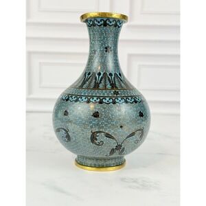 VTG Teal Blue Chinese Cloisonné Enamel and Brass Vase 6" Tall READ